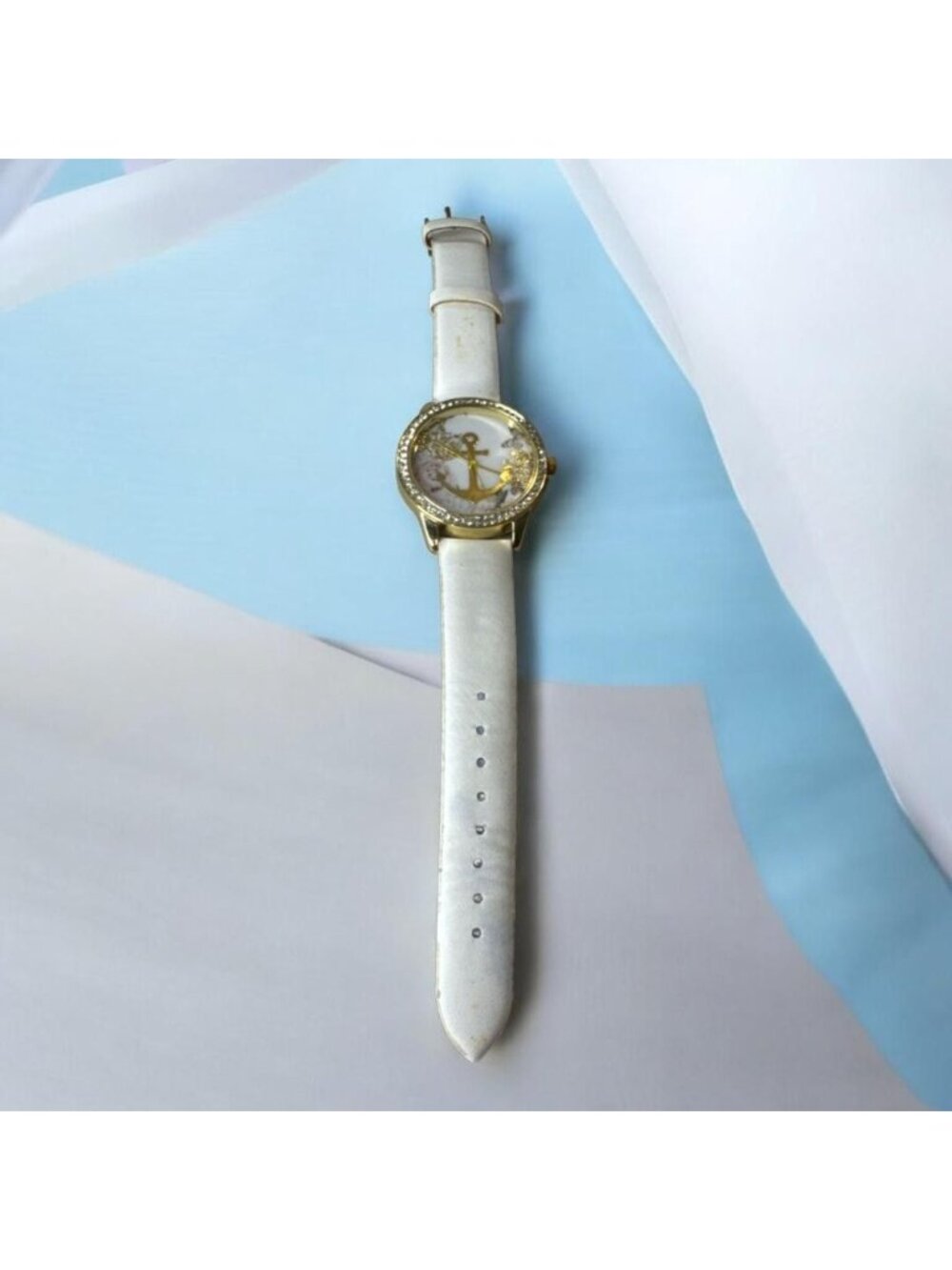 Sailor Jane Womens Quartz Watch W/ Gold Anchor & Floral Design White Strap Cryst